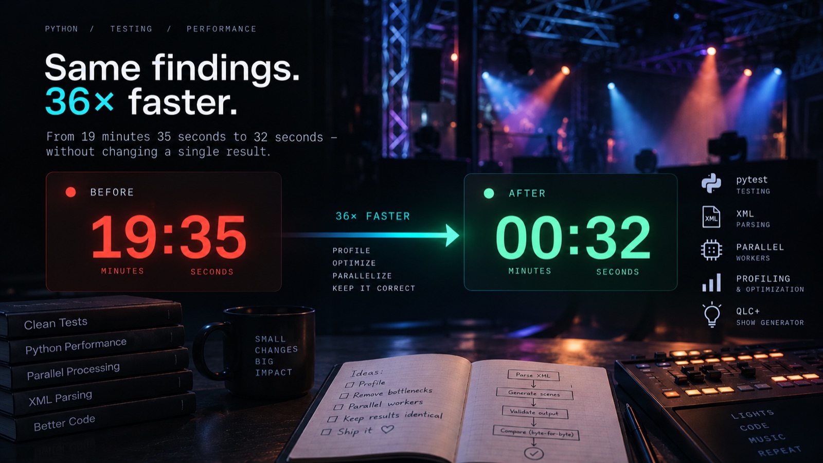 Same findings, 36 times faster: a before clock at 19:35 and an after clock at 00:32 over a nightclub lighting rig, with pytest, XML parsing, parallel workers and QLC+ listed beside them.